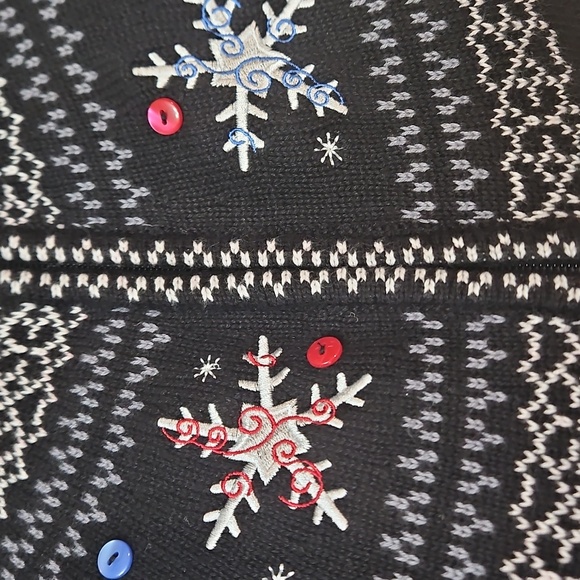 Christopher & Banks Full Zip Cardigan Sweater Snowflakes Fair Isle Large Black - Picture 9 of 9